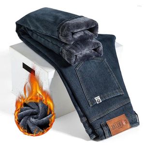 Calças de brim masculinas 2023 estilo inverno solto perna reta quente lã moda elástica magro engrossar calças jeans casuais masculino