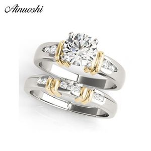 Ainuoshi na moda 925 prata esterlina feminino conjuntos de anel de noivado de casamento cor ouro amarelo 1ct redondo aniversário anillos de plata y20294z