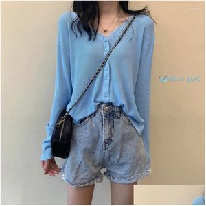 Womens Knits Tees Summer Thin Cardigan Women Sweater 2023 Korean Long-Sleeve Coat Single Breasted Knitted Base Shirt Loose Ladies Tops Dhdsj