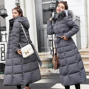 Women s Down Parkas 2023 Winter Jacket Fur Collar Hooded Cotton Padded Long Coat Korean Loose Warm Thicken Outwear 231026