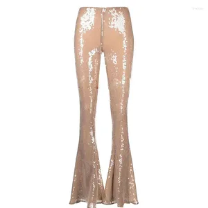 Women's Pants Designed See-through High Street Lady Stylish Trousers Elastic Waist Women Flared All-over Sequined Solid