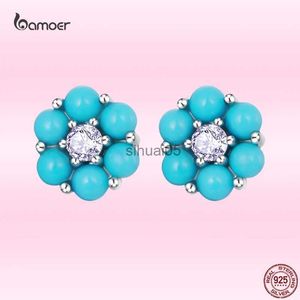 Stud Bamoer 925 Sterling Silver Simple Turquoise Flower Piercing Ear Earrings for Women Genuine S925 Fine Jewelry Wholesale YQ231026
