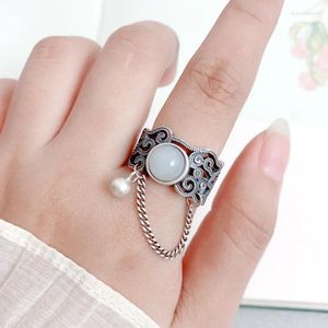 Cluster Ringe 925 Sterling Silber Quaste Breite Hohl Ring Für Frauen Vintage Ethnischen Stil Jade Einstellbare Öffnung Finger Schmuck JZ124