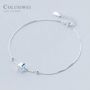 Colusiwei Genuine 925 Sterling Crystal Cube Silver Anklet for Women Charm Bracelet of Leg Ankle Foot Accessories Fashion210G