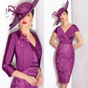 Vestidos da mãe roxo claro mãe da noiva cetim personalizado plus size zíper novo formal reto na altura do joelho com decote em v renda 3/4 manga comprida duas peças com jaqueta