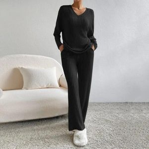 Women's Two Piece Pants Long Sleeve Pajama Set Ribbed Knit Cozy Knitted Sweater Stylish V Neck Loose Fit Elastic For Fall/winter