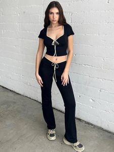 Women's Pants Black Flare Low Waist Slim Fit Solid Color For Women 2023 Autumn Sexy Lace Up Trousers Sweat