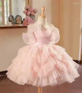 Girl Dresses Pink Fluffy Flower Dress Tulle Pearls Princess Knee Length For Wedding Party Baptism First Communion Gown