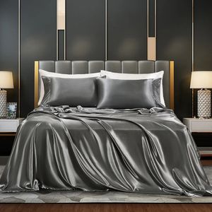 Sängkjol Satinark Set Queen King Size Plat Sheet Montered Pillow Case Wrinkle Free Linens For Cooling Bedding 231026