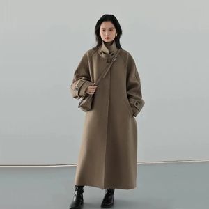 Women's Wool Blends Y2K Winter Faux Woolen Long Coat Female Fashion Stand Collar Single Breasted Woolen Jacket Loose Belt Casual Blends Outwear 231026