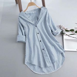 Korean Fashion Stripe striped shirt women for Women - Loose Fit, Curved Hem, Long Sleeves, Button Closure - Casual Autumn Top