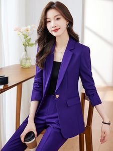 Kadınlar Suits Blazers S-4XL Büyük Boyu Kadın Ceket ve Pantolon Elbise Bayanlar Purple Mavi Siyah İş İş Giyim Blazer Pantolon Formal 2 Parça Seti 231023