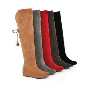 Botas Sexy Womens Faux Suede Sobre o Joelho Flat Quente Confortável Coxa Alta Laceup Mulher Sapatos de Inverno Qualidade 231025