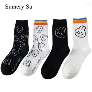 Women Socks 2 Pairs/Lot Cotton Long Casual Outdoor S Cartoon Black White Styles Daily Wear