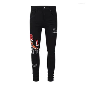 Men's Jeans Casual Fashion Black Embroidered Tiger Distressed Holes Ripped Patch Skinny High Street For Men