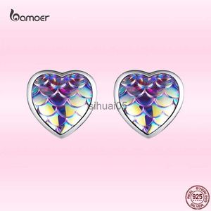 Stud Bamoer Fashion Fish Scale Heart Earrings for Women 925 Sterling Silver Purple Animal Ear Fine Birthday Anniversary Jewelry YQ231026