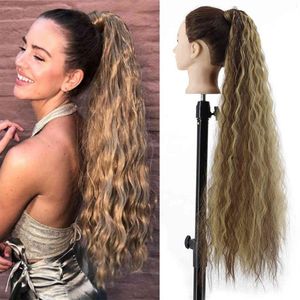 Synthetic Corn Wavy Long 34inch Ponytail piece Wrap on Clip Extensions Ombre Brown Pony Tail Blonde Fack Hair325f