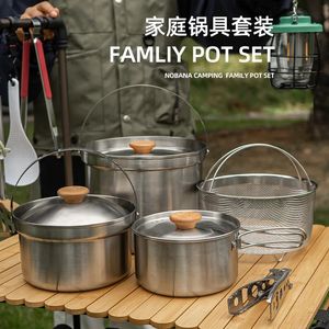 Camp Kitchen Outdoor rostfritt stålkruka Set Camping Family Pot Set 5L Portable Picnic Soup Pot Stek Steaming Hushåll POT 231025