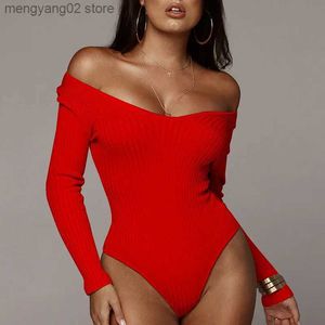 Kadın Tulumları Seks Seks Kadınlar Omuz Kapalı Omuz Bodysuit Uzun Kollu Tulum Romper Jumper Leotard Vücut Üst Katı Beyaz Kırmızı Üst Bodysuits T231026