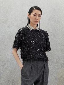 女性用Tシャツ秋と冬の女性の衣服輝く重い刺繍ウォータードロップスパンコールの短袖の高さの高さの女性用シャツ