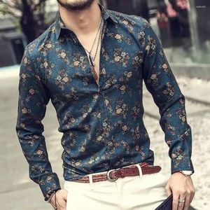 Camicie eleganti da uomo Camicia casual abbottonata in raso di seta con stampa floreale vintage Camicia da uomo slim a maniche lunghe dal design classico Top alla moda