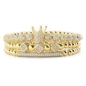 3PCS Ustaw luksusowe złote koraliki królewskie Król Crown Charm CZ Ball Bransoletka Męskie bransoletki bransoletki dla mężczyzn biżuteria 228o