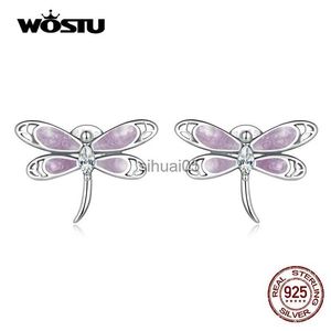 Stud Wostu 925 Sterling Silver Fine Pink Dragonfly Earrings Insect Animal Ear Studs For Women Original Högkvalitativa smycken YQ231026