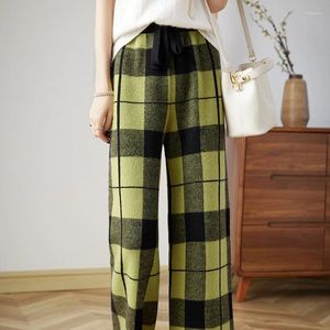 Women's Pants BELIARST Autumn/Winter 2023 Clothes Merino Wool Knitted Elastic Belt Large Plaid Wide Legs M-8167