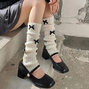 Meias femininas estilo japonês jk arco malha de lã pilha meninas outono inverno crochê bota punhos pé capa longa stockin