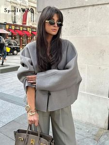 Women's Down Parkas Autumn Women's Grey Cropped Coat Elegant V-neck Single Breasted Long Sleeve Female Coats Winter Female Chic Streetwear Jackets 231025