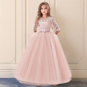 Girls Wedding Tulle Lace Girl Dress Infantil Fancy Autumn Princess Events Costume Kids Party Ceremony Children Clothing Pink 14Y Y252J