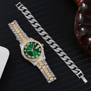 Kvinnors klockor lyxiga fulla iCed Watch for Men Armband Big Gold Cuban Chain Watch Hip Hop Watch Men Miami Rhinestone CZ Bling Jewelry Set 231025