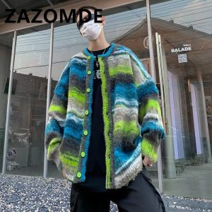 ZAZOMDE Men Wear Knitted Hip Hop Y2K Sweater Loose V-neck Single Breasted Tie-dye Knitted Stripe Cardigan Sweater Coat