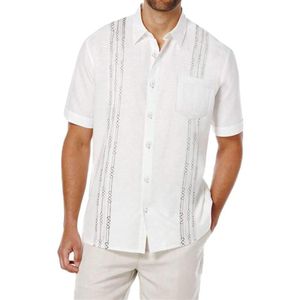 Camisas casuais masculinas homens manga curta guayabera verão para turn-down colarinho botão masculino com bolsomen's214m