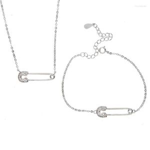 Chains Drop Untique Dainty Delicate Necklace Safety Pin Charm Paved Cz Bracelet Set Womens Girls In 925 Sterling SilverChains