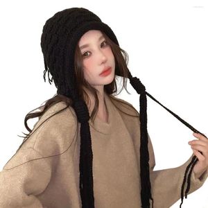 Basker lady stickade mössa vinter stickad mössa med lång tofs förtjockad elastisk vindtät för kvinnor mjuk öronskydd andningsdesign