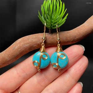 Dangle Earrings Retro Blue Turquoise Beads Twist Metal Design Drop Earring For Woman Trendy Gem Hook Unique Girl's Gift Jewelry