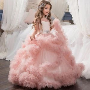 Платья для девочек, розовое тюлевое изысканное кружевное платье принцессы длиной до щиколотки, платье для крещения, выпускного вечера, свадьбы, дня рождения для девочек