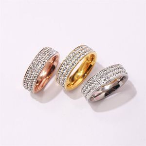 New Arrival Fashion Lady 316L Titanium Steel Three Rows White Diamond 18k Gold Plated Engagement Wedding Rings 3 Color Size 6-9268S