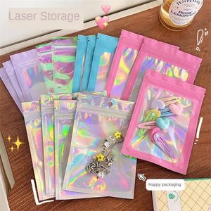 Jewelry Stand 500 10pcs Thick Translucent Zip Holographic Laser Color Plastic Packaging Pouch Retail Storage Gift Bag 231025