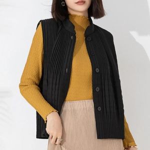 Women's Vests Miyake Pleated Cotton Vest Jacket 2023 Fall And Winter Solid Color Commuter Single-breasted Collar Clip Tops