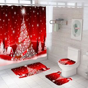 Cortinas de chuveiro Árvore de Natal vermelha Conjunto de banheiro Cortina de chuveiro à prova d'água Papai Noel Tapetes antiderrapantes Cobertura de banheiro Cortinas de banho com ganchos 231025