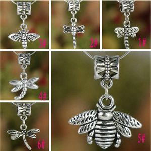 Dragonfly Bee Big Hole European Beads 100pcs lot 6Styles Ancient Silver Fit Charm Bracelet Jewelry DIY190E
