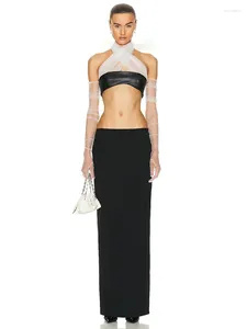 Vestidos de trabalho feminino conjunto de duas peças 2023 verão elegante laço arco halter recortado topo e saia longa ternos preto bandage outfits