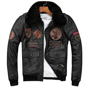 Men's Leather Faux Leather Detachable Natural Fur Collar Genuine Cowhide Men Leather Jacket Patches Flight Jacket Air Force Pilot Coat Winter Bomber Jacket 231026