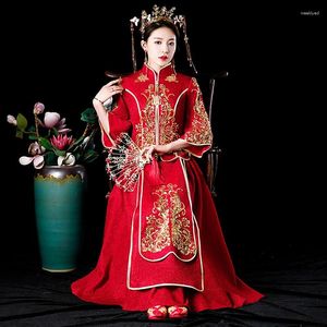 Abbigliamento etnico Matrimonio antico Qipao Stile cinese Sposa Festa Tradizionale Tostatura Cheongsam Ricamo Matrimonio Set Abito orientale