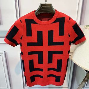 2022 Spring New Męski Męski Dzianin T Shirt Wysokiej wysokiej jakości żakardowy wzór Slim Korean Style Crew TEE