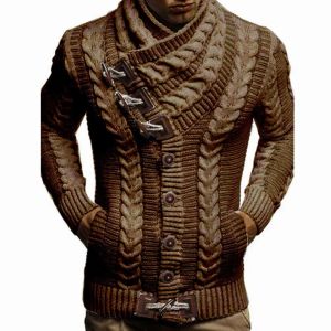 Turtleneck Sweater Coat Men Buttons Decor Long Sleeve Loose Casual Twist Cardigan Sweater Knitwear Open Stitch