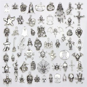 Sortidos 60 designs encantos de halloween crânio esqueleto mão aranha morcego fantasma bruxa pingentes diy jóias fazendo 60 peças bag2855