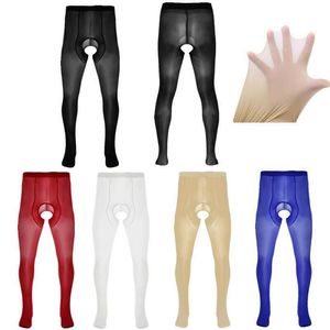Sissy Mens Ice Silk Glossy Crotchless Pantyhose Oil Shiny Stockys Tights Hosiery Pants Underwear Erotic Lingerie219r